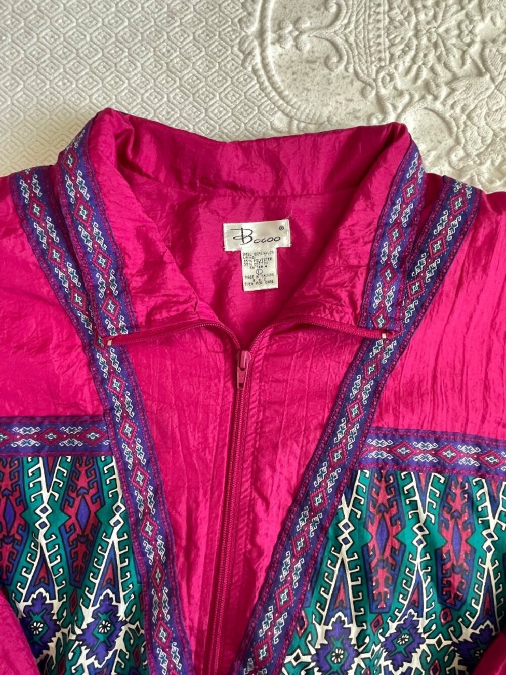 Vintage 1993 Bocco Colorful Aztec Ribbon 100% Nylon Lined Windbreaker Jacket LRG - Picture 4 of 14